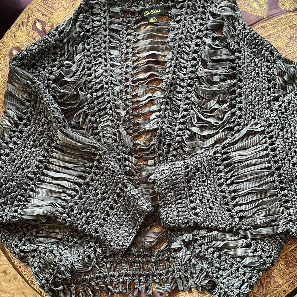 Cartise Black & White stripe Crochet Unique Bohemian Open Cardigan Size Medium - Picture 15 of 15